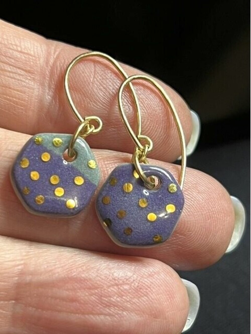 B7052 Artisan Signed gold Filled *unmarked Dangle Earrings Hexagon Ceramic